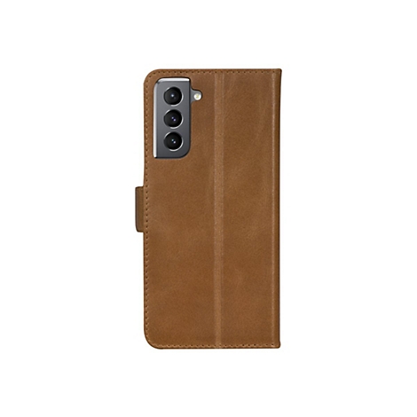 Braune Leder-Handyhülle, die ein Samsung Smartphone umhüllt. Die Kamera ist sichtbar.