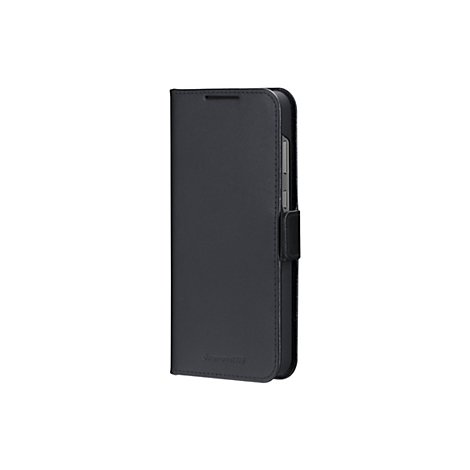 Dunkelgraue Handyhülle im geschlossenen Zustand vor weißem Hintergrund. Mit Magnetverschluss und sichtbarem Logo.