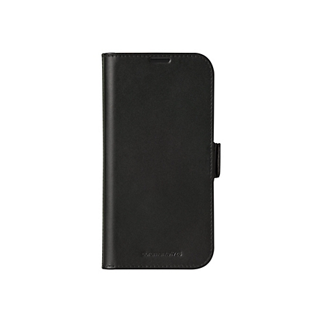 Schwarze Handyhülle aus Leder mit Klappverschluss, vor weißem Hintergrund.