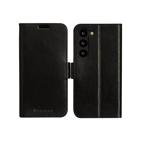 Schwarze Handyhülle aus Leder. Auf der rechten Seite sind drei Kameraobjektive zu sehen.