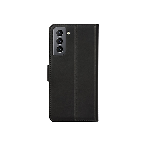 Schwarze Handyhülle mit integriertem Handy, auf weißem Hintergrund. Die Hülle ist geschlossen und hat eine Kameraaussparung.