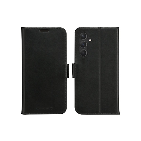 Schwarze Handyhülle, geöffnet, mit Kameras und Magnetverschluss. Aufschrift: abramante1926.