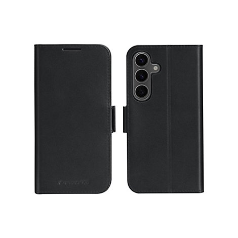 Schwarze Handyhülle mit Klappfunktion; das Telefon ist sichtbar. Auf der Vorderseite befindet sich der Schriftzug "drumontel928".