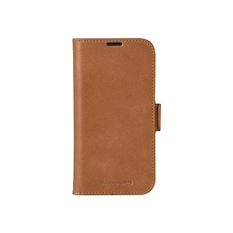 Hellbraune Leder-Handyhülle im geschlossenen Zustand. Sie hat eine Lasche zum Verschließen.