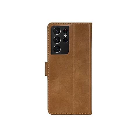 Braune Handyhülle aus Leder, mit Kamerabereich und Verschlusslasche.