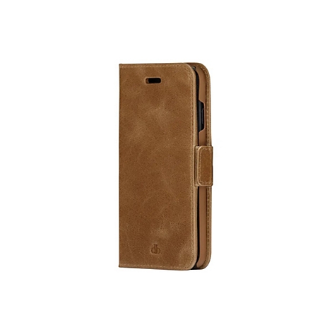 Hellbraune, lederartige Handyhülle mit Klappverschluss, Detailansicht.