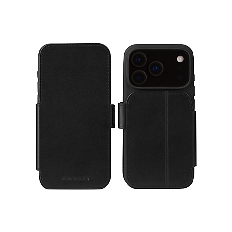 Schwarze Leder-Handyhülle mit integrierter Klappe und Magnetverschluss. Auf der Rückseite sind die Kameralinsen des Smartphones zu sehen.
