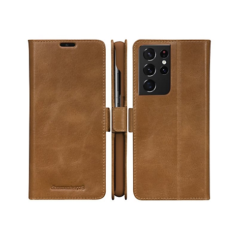 Braunes Leder-Handycase. Geöffnet und geschlossen dargestellt. Auf der Innenseite die Kamera.