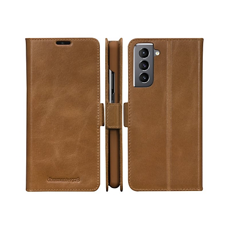 Braune Leder-Handyhülle für Samsung, in drei Ansichten. Das Gehäuse ist geschlossen und offen abgebildet.