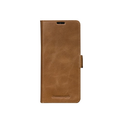 Braunes Handy-Case, Lederoptik, mit Magnetverschluss und Logo. Auf weißem Hintergrund.