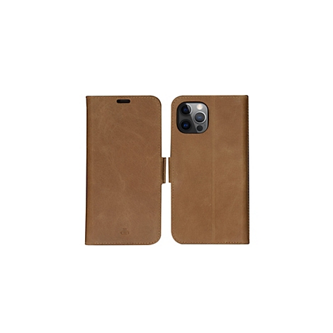 Hellbraune, geöffnete Handyhülle, mit Kameraausschnitt und Lasche.