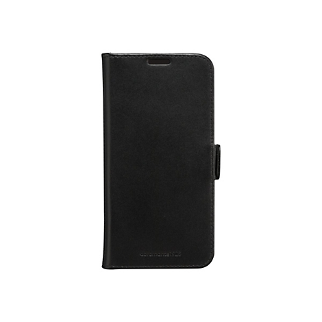 Schwarze Handyhülle mit Klappfunktion. Auf der Innenseite befindet sich ein Verschluss.