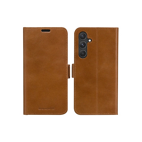 Braune Handyhülle mit Klappfunktion, offene und geschlossene Ansicht. Aufgedruckter Schriftzug: abramante1928.