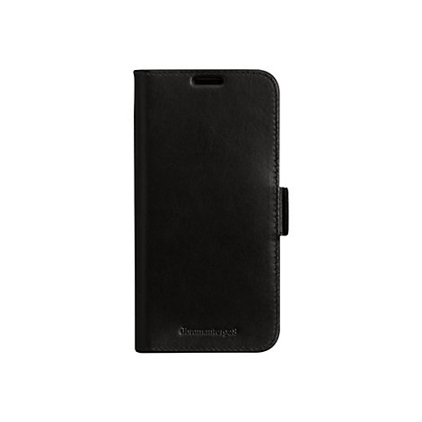 Schwarze Leder-Handyhülle im geschlossenen Zustand mit Logo. Vertikale Ausrichtung.