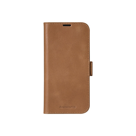 Hellbraune Leder-Handyhülle. Auf der Vorderseite das Logo abramante1928, auf der Rückseite eine Lasche mit goldfarbenem Verschluss.