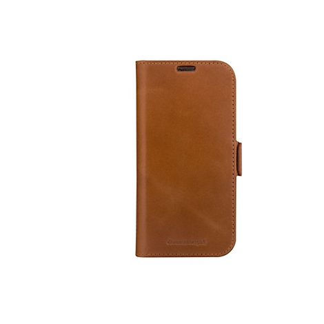 Hellbraune Leder-Handyhülle. Das Etui hat eine Klappe mit einem Verschluss. Auf der unteren rechten Seite ist der Name 'dbrand' eingeprägt.