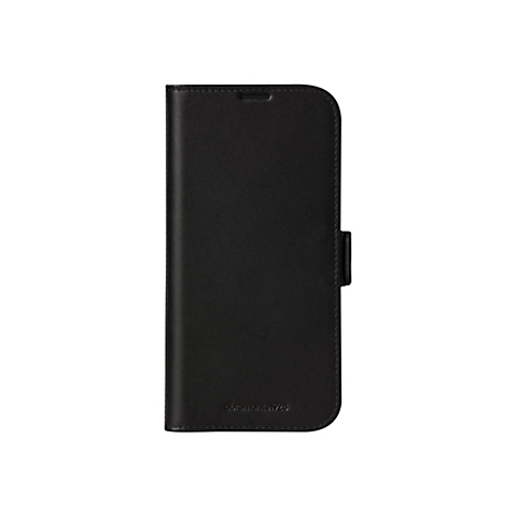 Schwarzes Smartphone-Case in Lederoptik, mit Textur und Magnetverschluss.