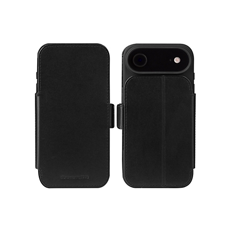 Schwarze Handyhülle mit Klappfunktion. Auf der linken Seite das geschlossene Cover, rechts das Smartphone im geöffneten Zustand.