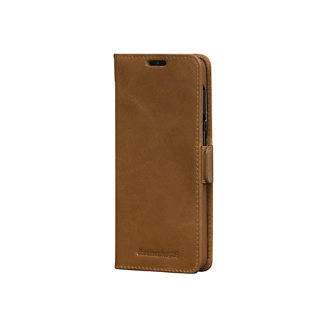 Hellbraune Handyhülle aus Leder mit Klappfunktion. Auf der Vorderseite steht 'libramantel 1928'.