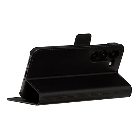 Schwarze Handyhülle mit Klappfunktion. Die Rückseite zeigt drei Kameraobjektive.