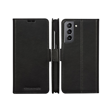 Schwarze Handyhülle für Samsung, mit Magnetverschluss und Standfunktion.