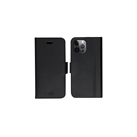 Schwarze Handyhülle aus Leder im geöffneten Zustand, mit dem Smartphone eingesetzt. Auf weißem Hintergrund.