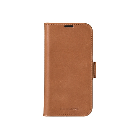 Étui de téléphone en cuir marron clair. Il est fermé et possède une languette avec un bouton-pression.