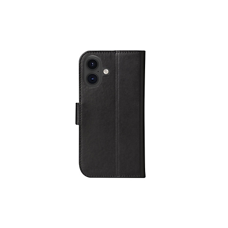Coque de téléphone noire avec découpe pour appareil photo et fonction pliante.