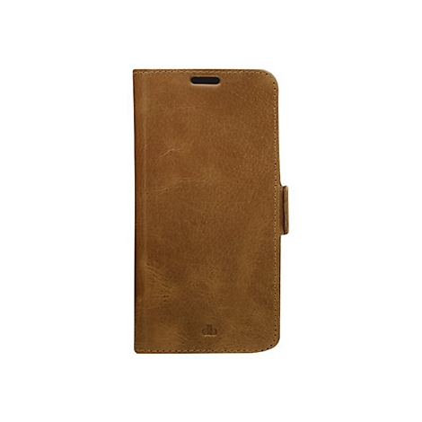 Hellbraune Leder-Handyhülle. Sie hat eine Klappe mit Magnetverschluss.