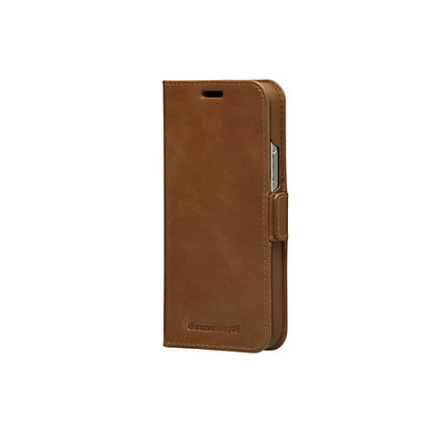 Braunes Leder-Handycase mit einer Aussparung für die Kamera. Die Hülle hat eine magnetische Lasche.