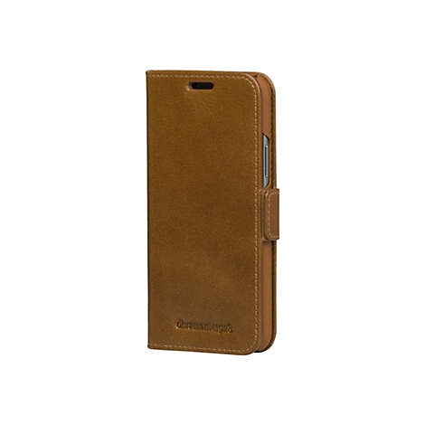 Braunes Handy-Case aus Leder, mit Logo und geschlossenem Magnetverschluss. Auf weißem Hintergrund.