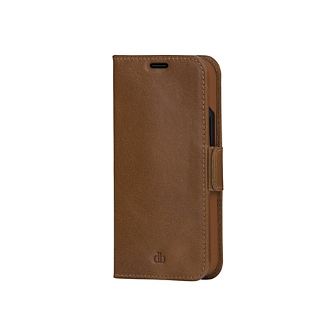 Braunes Leder-Handy-Case mit Magnetverschluss. Das Case hat auf der unteren rechten Seite die Initialen 'db'.