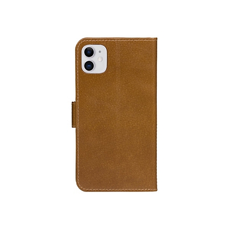 Hellbraune Lederhülle für ein Smartphone mit Kameraausschnitt.