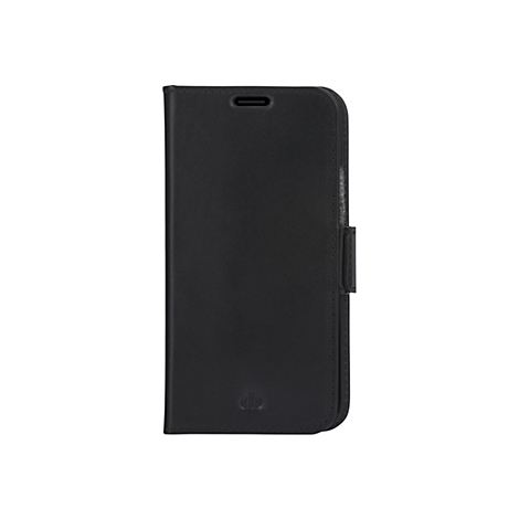 Schwarzes Handy-Etui, geschlossen. Auf der Vorderseite befindet sich ein kleines Logo.