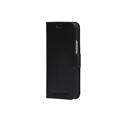 Schwarzes Handy-Case mit Ledertextur, Markenlogo unten, Klappverschluss. Auf weißem Hintergrund.