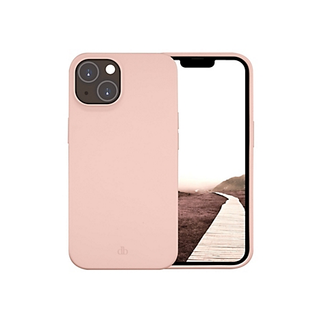 Ein rosa Handy mit Hülle, das Display zeigt einen Holzsteg in einer Landschaft.