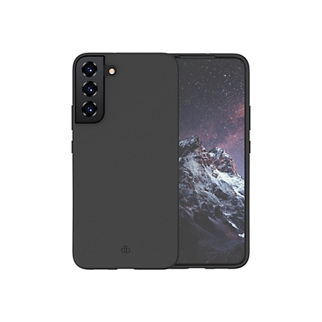 Ein schwarzes Smartphone mit Hülle, auf dem Display ein Bergpanorama.