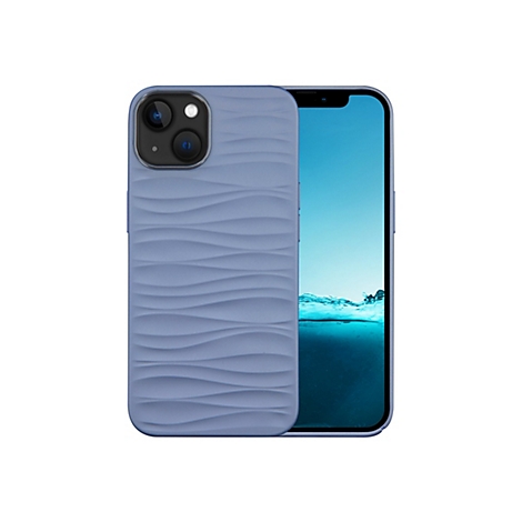 Ein iPhone mit einer blauen, gewellten Schutzhülle, vor weißem Hintergrund. Das Display zeigt eine Wasseransicht.