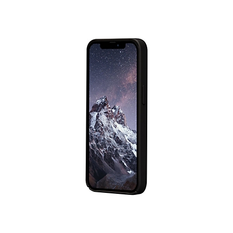 Schwarzes Smartphone mit Berglandschaft auf dem Display. Seitlich sind die Knöpfe und die schwarze Schutzhülle zu sehen.