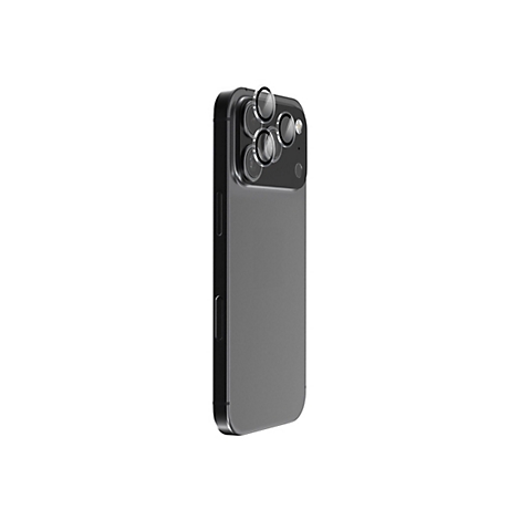 Ein graues Smartphone mit schwarzem Rahmen, das leicht von der Seite fotografiert wurde. Mehrere Kameralinsen sind zu sehen.