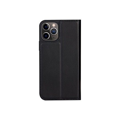 Schwarzes iPhone-Wallet-Case, geöffnet. Das Case ist aus Leder und hat eine Kameraaussparung.