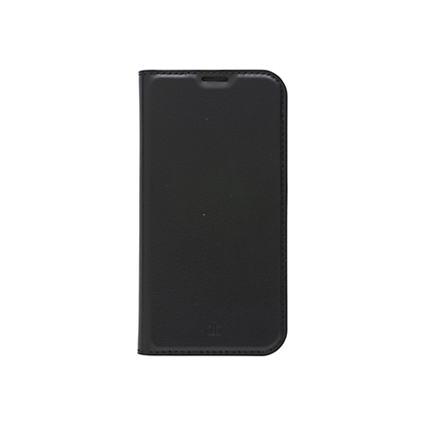 Schwarzes Handy-Flipcase mit genähter Kante, Lederoptik, schlichtes Design.