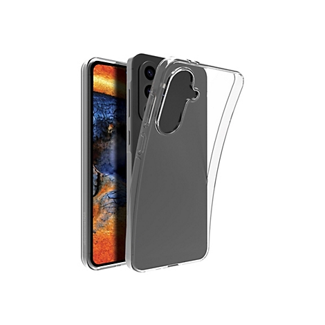 Un étui de téléphone transparent protège un smartphone, qui dépasse partiellement de l'étui. L'écran affiche un motif abstrait et coloré.