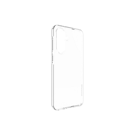 Une coque de téléphone transparente en plastique. On le voit sur fond blanc.