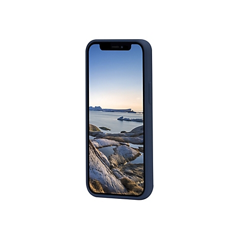 Ein Handy mit blauem Rahmen, das ein Landschaftsfoto zeigt: Felsen, Wasser, Eisberge und blauer Himmel.