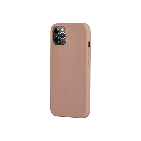 Hellbraune Handyhülle für ein iPhone, vor weißem Hintergrund. Die Hülle hat Kameras und Knöpfe.