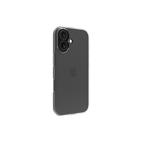 Ein graues Smartphone in einer transparenten Schutzhülle, vor weißem Hintergrund. Das Apple-Logo ist auf der Rückseite sichtbar.