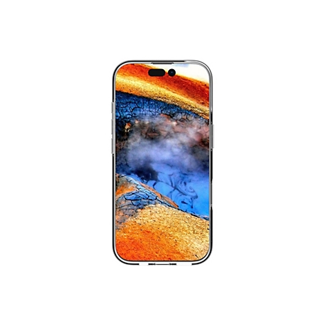 Ein Smartphone vor weißem Hintergrund. Der Bildschirm zeigt ein abstraktes farbenfrohes Muster.