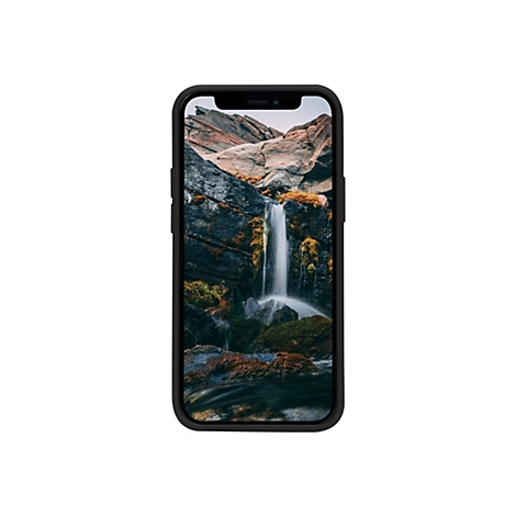 Ein Smartphone zeigt ein Bild eines Wasserfalls, der durch Felsen in einem dunklen Gehäuse fließt.