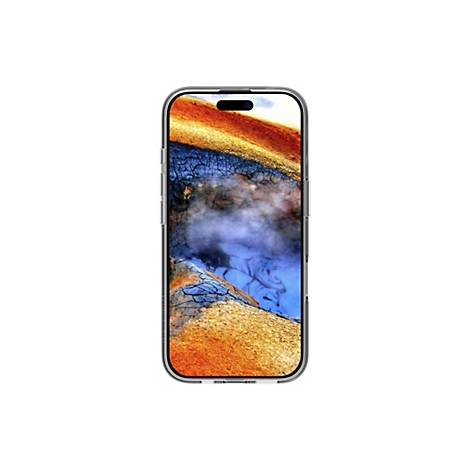 Ein Smartphone, das ein abstraktes Bild von gelbem und blauem Gestein zeigt, das von einem schwarzen Balken mit Kameras und Sensoren gekrönt wird.